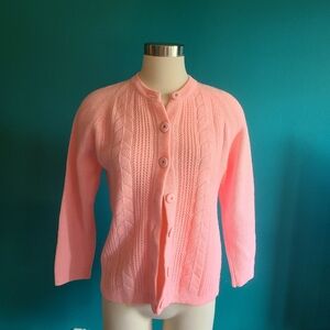 Volup vintage pink open knit crochet lace 1960s cardigan, fitted cardigan, paste
